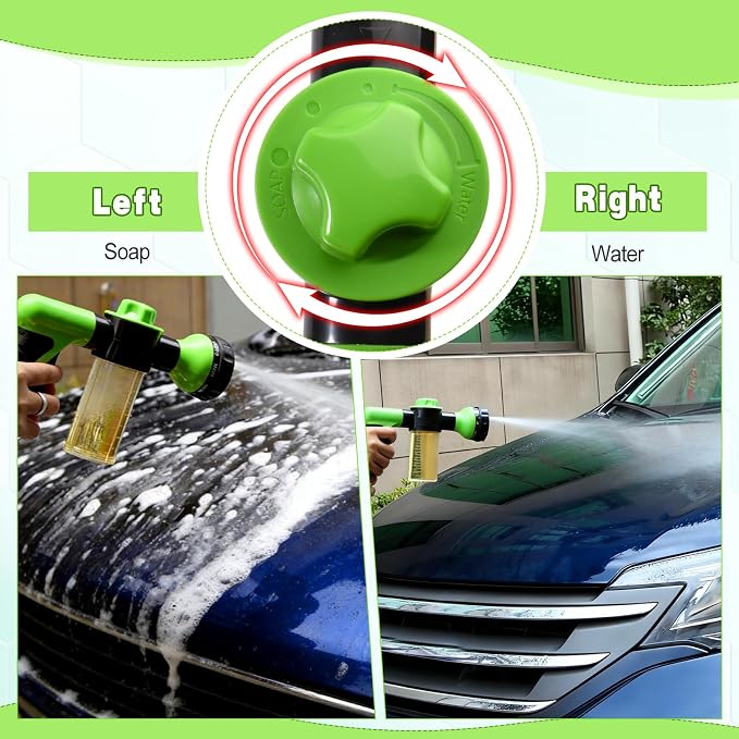 Dog Wash Hose Attachment with Soap Dispenser, 8 Spray Patterns | ABS Nozzle, TPR-Coated Grip, with 100cc Soap Dispenser, Car Wash Glove, Pet Brush, Quick Connector & Tape, for Car Wash & Dog