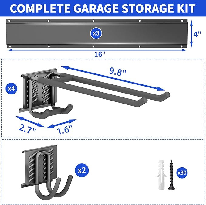 Garage Wall Organizer Wall Mount, 48inch Heavy Duty Garden Tool organizer Storage System, Easy Install With 6 Adjustable Hooks, For Garage, Basement, Shed, Workshop(Black)