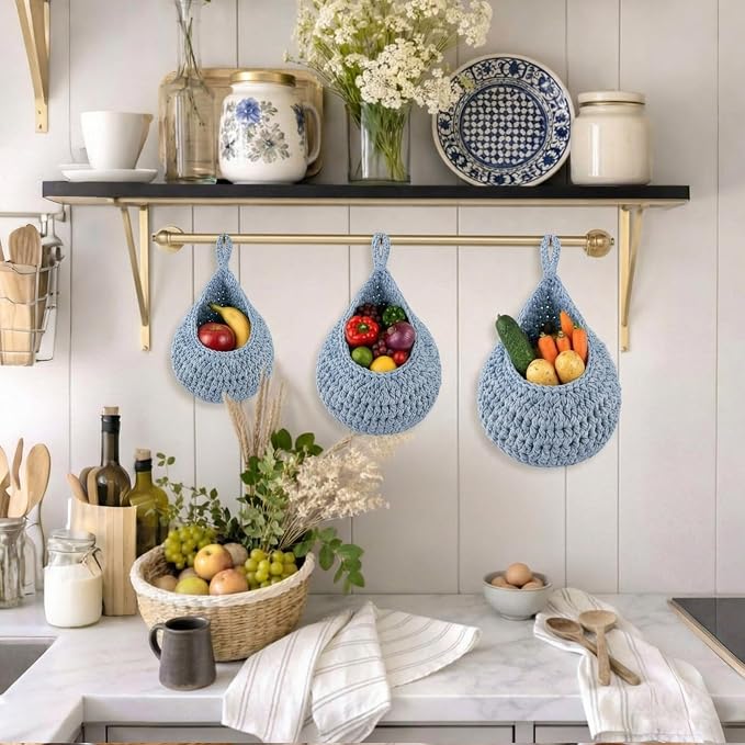 3 Hanging Baskets,Light Blue,Teardrop,Cotton Rope | Wicker Wall Baskets with Hooks for Fruit Vegetable Onion Storage, Teardrop Organizer for Kitchen, Boho Farmhouse Decor