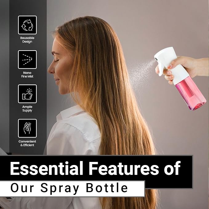 Continuous Mist Spray Bottle – Ultra Fine Mist for Hair Styling, Salon Use, and Versatile Applications – Ideal for Plants, Cleaning, and Travel – 5 oz Pink Octagon Shape Empty Bottle
