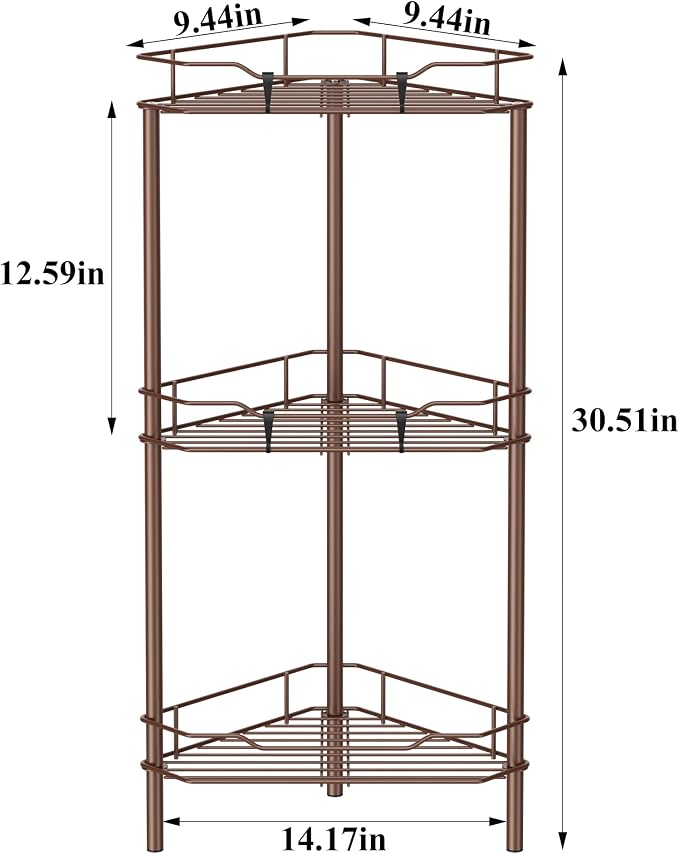 HuggieGems Metal Floor Standing Corner Shower Caddy, Coffee, 3 Tier | Adhesive Bathroom Organizer Shelves, Free Standing Shower Rack with Hooks, Hold Large Shampoo Bottles