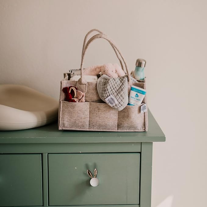 Parker Baby Co. Felt Diaper Caddy Organizer - Large, Oatmeal | Portable nursery storage bin for diapers, wipes, bottles & baby essentials in home/car. Soft felt, foldable design 16x10x7"