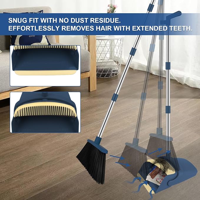 Broom and Dustpan Combo Set, 51" Long Handle with Squeegee & Mini Set | Blue Complete Cleaning Kit, Floor Squeegee for Wet & Dry Messes, Built-in Comb Dustpan, Mini Broom Set,for Home & Pet Areas