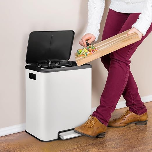 GAOMON Dual Bin Rectangular Trash Can, Stainless Steel Waste Bin with Lid, 30 Liters (2 X 15 L), Trash Can with Recycling Bin Combination, Soft Close and Airtight Lid - White