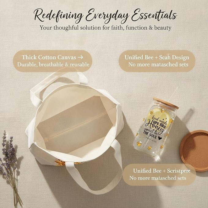 Bee 16 Oz Glass Tumbler, Bamboo Lid, Straw and Canvas Tote Set | Bee-Themed Glass Tumbler With Bamboo Lid, Straw and Matching Canvas Tote for Coffee, Iced Drinks and Thoughtful Gifts