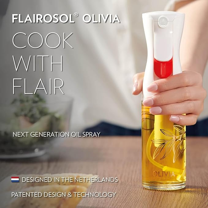 FLAIROSOL OLIVIA. The Original Advanced Oil Sprayer for Cooking, Salads, BBQs and More, Continuous Spray with Portion Control, Trusted by Chefs. Patented Technology. (Glass Bottle) (Golden Leaves) | Portion control mist for air fryer, salad, BBQ, refil...