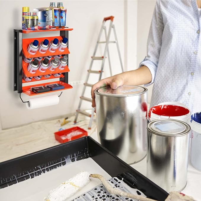 Spray Can Holder, Wall Mount Paint Bottle Organizer 8 Holes & 2 Shelves | Heavy Duty Lube Can Organizer with Paper Towel Holder for Garage & Home