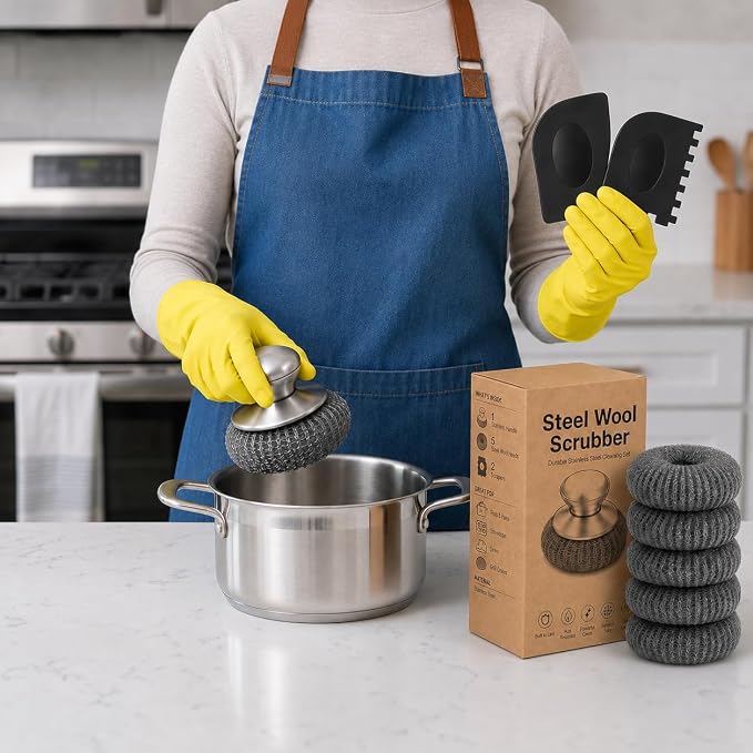 Steel Wool Scrubber with Handle & 5 Refills, 8-Piece Cast Iron Scrubber Kit with 2 Pan Scrapers, Heavy Duty Stainless Steel Scrubber for Kitchen Sink, Grill, Griddle, and Pots