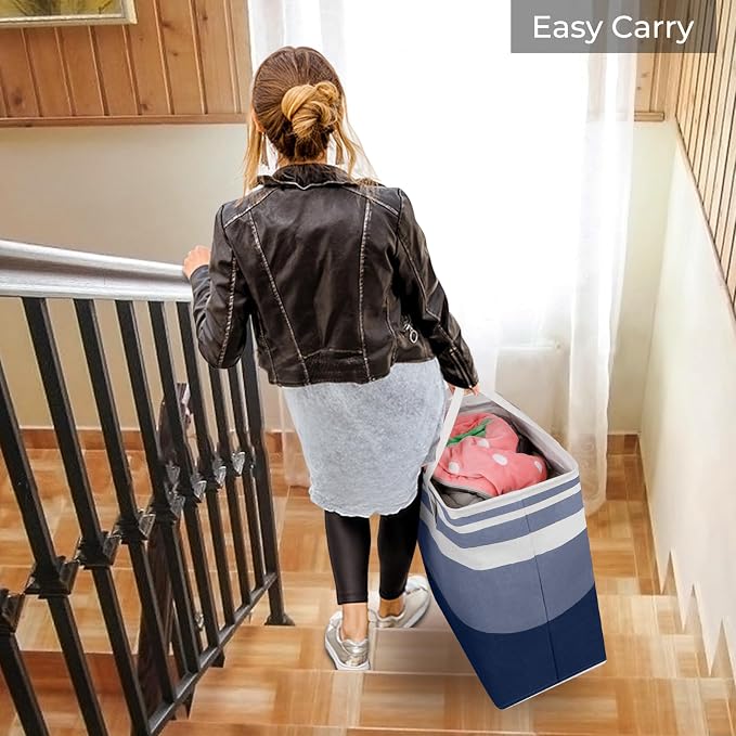 HomeHacks 2 Pack Large Laundry Baskets, Laundry Hampers Bags (Blue 75Lx2) | Waterproof, Freestanding, Collapsible Clothes Hamper with Reinforced Handles in Laundry Room, Dorm, Bathroom, Bedroom