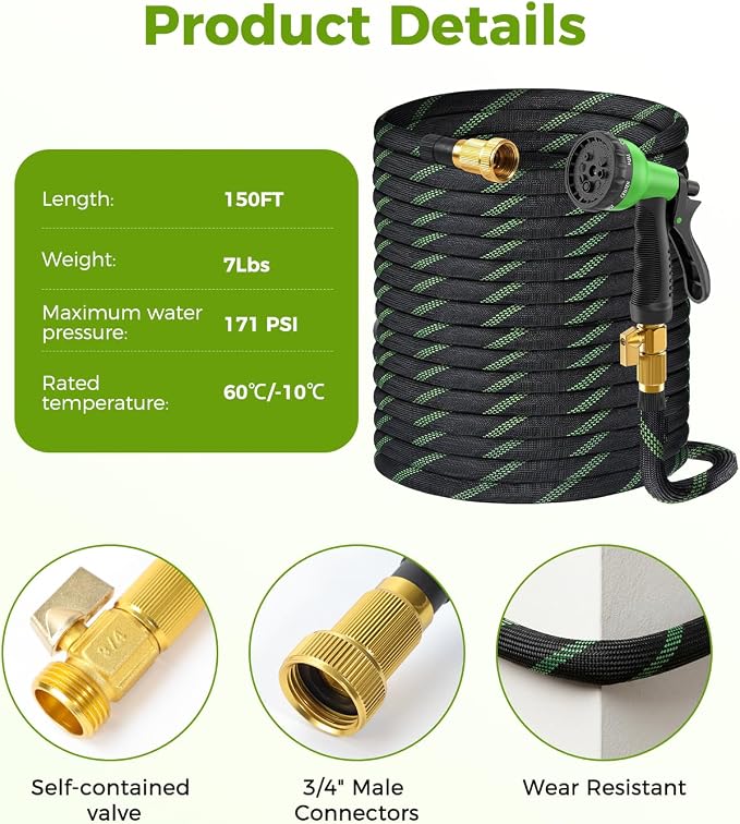 150ft Garden Hose,Non-Expandable Water Hose with 8 Function Spray Nozzle, Burst-Resistant,Kink-Free,Lightweight,Durable & Flexible 3/4" Garden Hose for Gardening, Yard,Lawn, Car Washing
