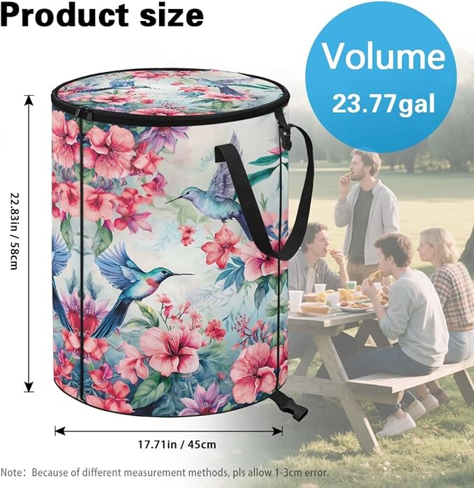Hibiscus Floral Hummingbird Collapsible Camping Trash Can with Lid and Handles 24 Gallon Garbage Can Reusable Outdoor Trash Garden Leaf Bin Recycling Waster Bags