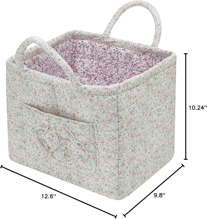 Quilted Fabric Storage Basket with Handles & Pocket, Foldable Laundry Hamper Boho Floral Print Organizer Bin for Home, Picnic, Office 12"x10"x10" (A-1)