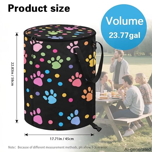 Collapsible Trash Can with Lid, Colorful Paw 24 Gallon Camping Trash Can with Handles Waterproof Portable Recycling Bin for Yard Garden Waste Pop-Up Storage Bags for Toys Clothes
