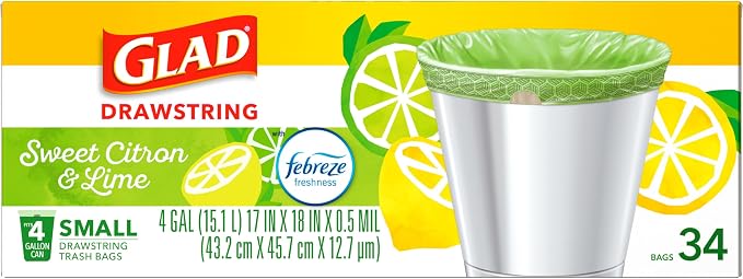 Glad Small Kitchen Drawstring Trash Bags, 4 Gallon, Febreze Sweet Citron & Lime, 34 Count