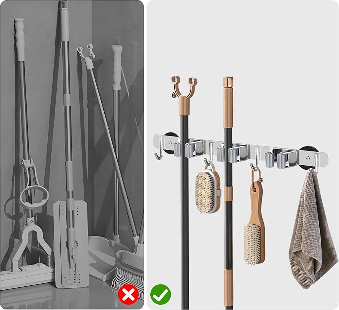 KIBBEH Heavy-Duty Magnetic Storage Rack for Brooms and Mops | Wall-Mounted Non-Slip Holder, Strong Magnetic Hooks for Hanging Tools