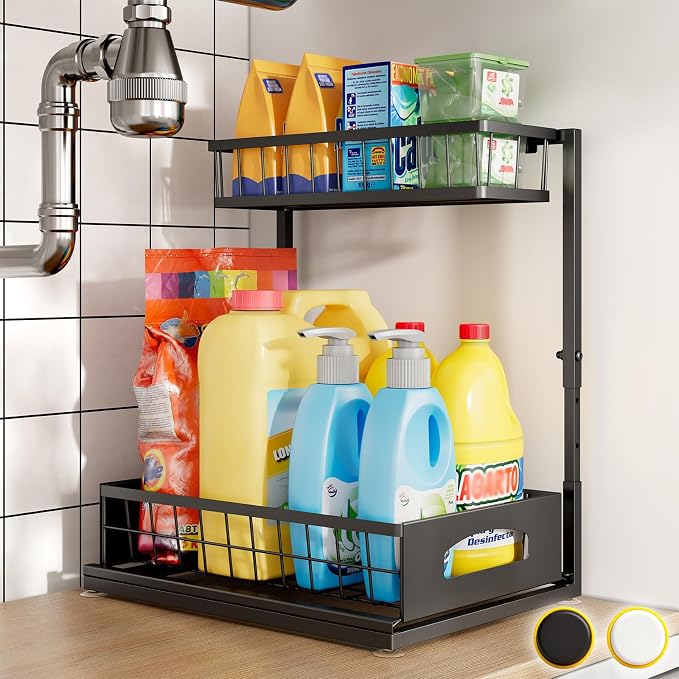 Under Sink Organizer, 1-Pack L-Shaped Metal Pull-Out Drawers for Kitchen | Cabinet Organizer Height Adjustable Heavy Duty Metal 2-Tier Storage Fits Beside Common Pipes for Bathroom Pantry