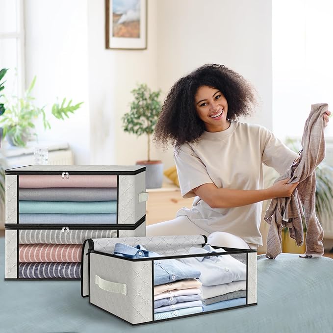 HomeHacks 6-Pack Clothes Organizer Storage Bags, 35L Storage Bins, White | Foldable Storage Box Container with Zippers, Clear Window, Reinforced Handles for Closet, Dorm, Pillows, Bedding, Sweater