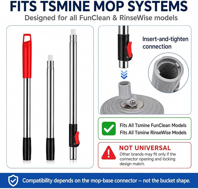 RinseWise Spin Mop Replacement Handle Only, 3-Section Stainless Steel Pole with 35/49/61 in Length Options, Fits All Tsmine FunClean Models, Not Universal, No Mop Head, Base or Bucket - Red