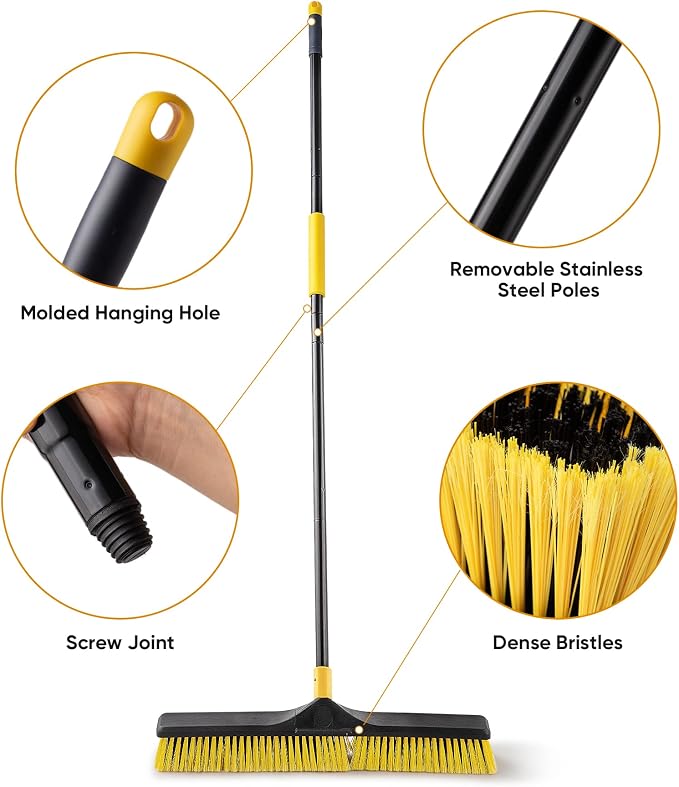 Yocada 24 inch Push Broom Brush 65.3 inch Long Stiff Bristles Heavy-Duty | Outdoor Commercial Broom for Cleaning Bathroom Kitchen Patio Garage Deck Concrete Wood Stone Tile Floor