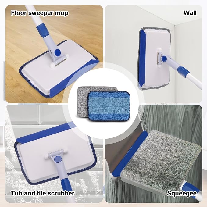 Qaestfy Baseboard Cleaner Tool with Handle, Wall Floor Mop with Extendable Long Handle Duster for Cleaning Window, Floor, Skirting Board, Ceiling, Shower, Tub Tile, Kitchen with 6 Reusable Pads