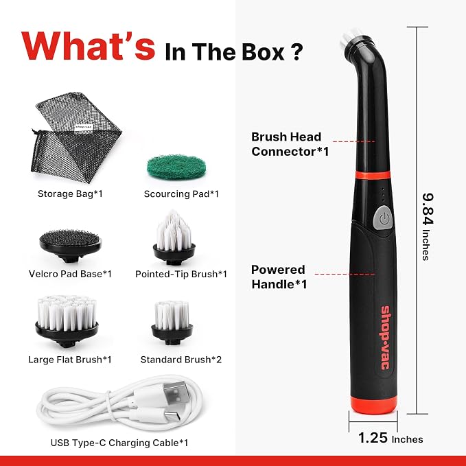 Shop-Vac Electric Spin Scrubber with 2000RPM Motor, Cordless, 90Min Runtime | 5 Replaceable Heads, IPX6 Waterproof, Cordless Electric Scrubber for Cleaning Grout, Tile, Bathroom, Kitchen