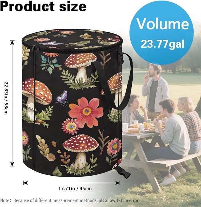 Mushroom Leaf Print Collaspible Trach Can wtih Lid and Handles 24 Gallon Large Capacity Trash Can for Yard Picnic Camping Garden Leaf Bin Reusable Waster Bags