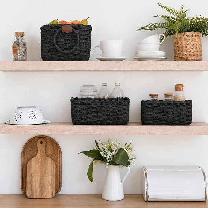 Paper Rope Storage Baskets Set of 3, Handwoven Decorative Wicker Organizer Bins with Handles for Shelves, Bathroom, Closet & Pantry, Soft Woven Nesting Storage Basket Set (Black)