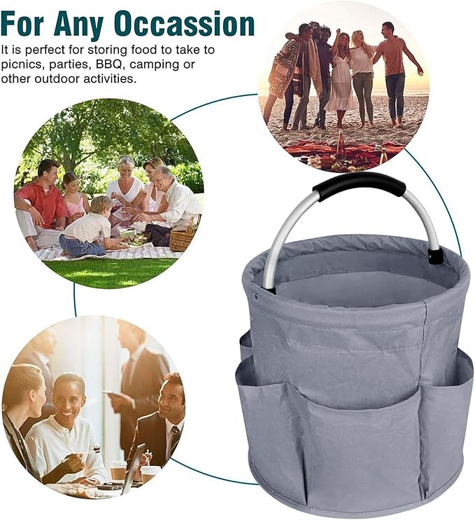 17L Collapsible Storage Bucket with Handle, Multi-Pocket Foldable Portable Picnic Caddy Outdoor Camping Organizer Tote for Housekeeping Car Wash Gardening Hiking Fishing, Dark Gray