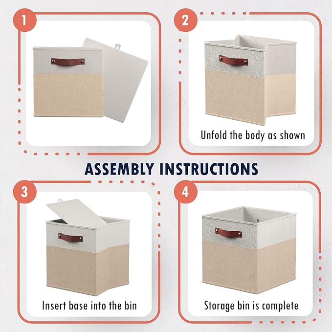 Ornavo Home 13x15x13 Foldable Fabric Storage Cube Bins, 6 Pack, White/Khaki | Collapsible Linen Shelf Basket Organizer; Leather Handles; Fits Cube Storage Shelving Units