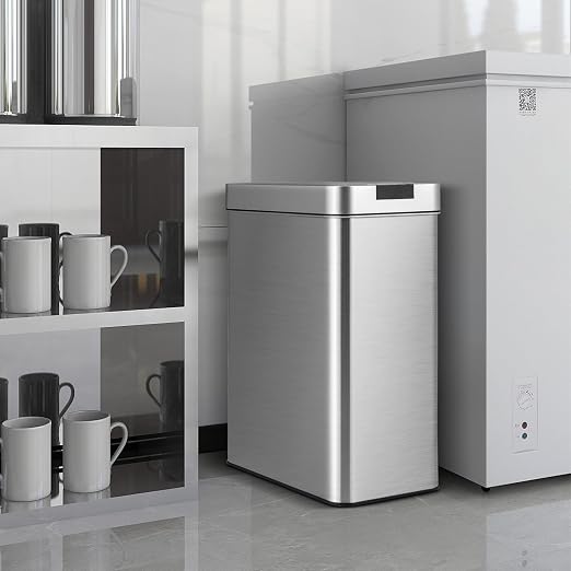 Trash Can, 13.2 Gallon Motion Sensor Garbage Bin with Wing Lids, Anti-Fingerprint Touchless Waste Bin with Soft-Closing & Stay Open, Stainless Steel Garbage Can for Narrow Spaces