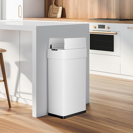 Automatic Trash Can,16 Gallon Touchless Motion Sensor Trash Bin | Smart Garbage Can with Soft-Close Lid, Bag Retainer Ring and Display Light,for Kitchen,Living Room Office (White, 60L)