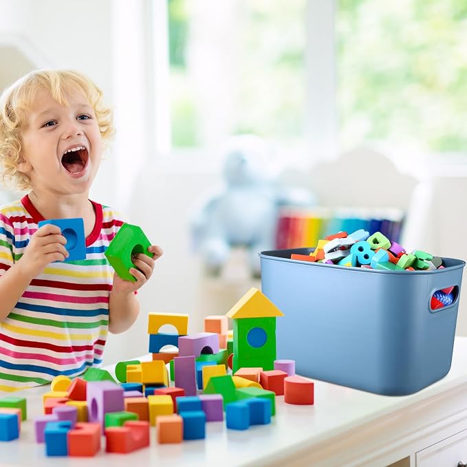 Hoolerry 8 Pack Storage Bins, 16.1 X 12.0 X 9.7 Inch Blue | Plastic Stackable Containers with Lid Handle, For Shelves Desktop Playroom Office, Organizing Toys Books Supplies Storage