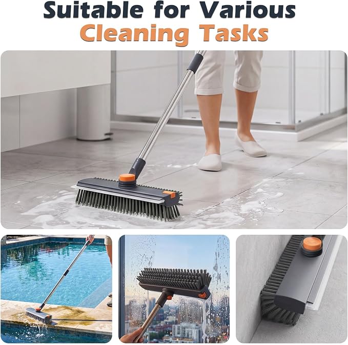 Masthome 3 in 1 Floor Scrub Brush with Long Handle 53.7" | Adjustable Heavy Duty Stiff Bristle Scrubber with Squeegee & Tweezer, 360° Rotating Head for Bathroom, Garage, Deck, Floors