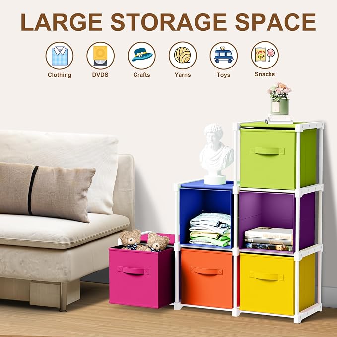 Briwooody 6 Cube Storage Organizer Bins with Shelf, Multicolor | 11x11'', Storage Organizer, Toy Storage Box, Back to School, Dorm Organizer, Fabric Drawers, Playroom Bedroom Storage Cabinet