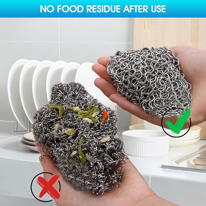 Cast Iron Cleaner 6"x6.3" 316L Stainless Steel Chainmail Scrubber for Griddle Skillet Dutch Oven Wok Stainless Steel Pot Cast Iron Pan Support Dishwasher Cleaning