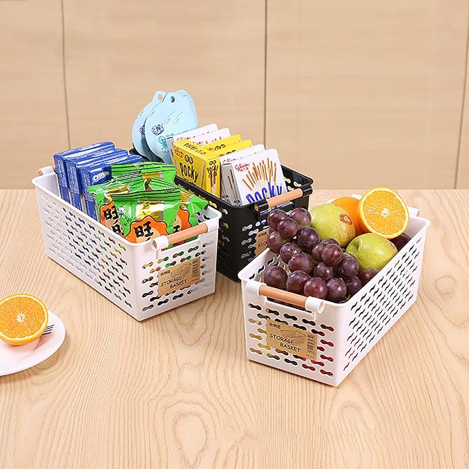 Yesland 6 Pack Plastic Storage Basket (10" L x 5" W x 5" H), White Organizing Bins with Handles, Sturdy Closet Baskets for CD/Office Supplies, Small Bathroom Pantry Kitchen Organizer