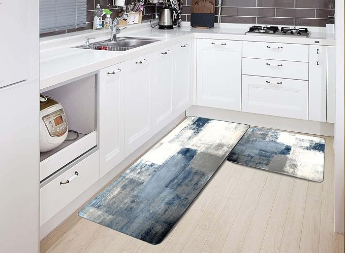 TOMWISH Grey and White Kitchen Rugs Non-Slip Standing Desk Mat | Kitchen Rug Set for Kitchen Floor Office Dining Room Sink Laundry 17"X48"+17"X24" Kitchen Decor and Accessories