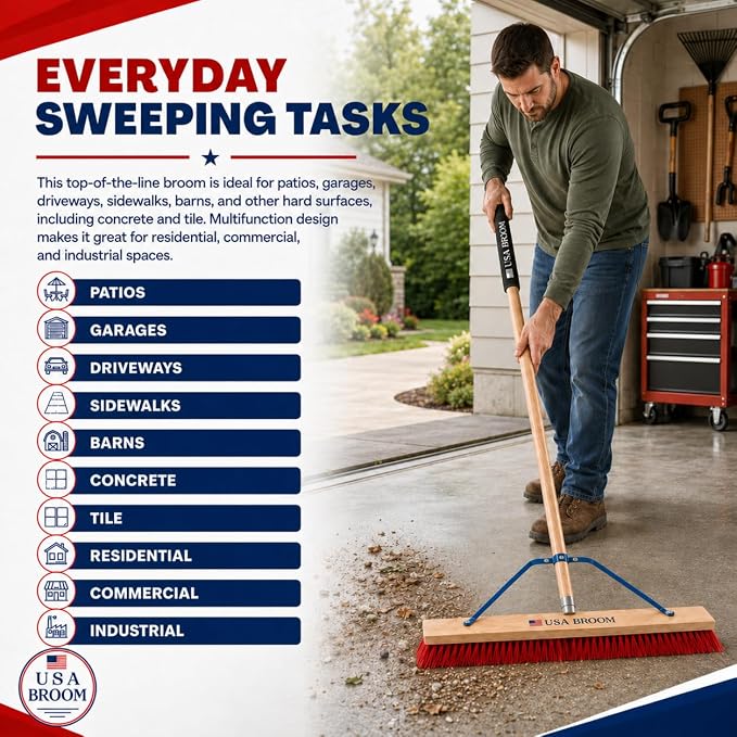 2-Pack - 36" Everyday Sweep Indoor/Outdoor Push Broom with 60" Handle. Ideal for Garages & Shops. Durable American Made Steel Brackets-All Stainless Steel Hardware. No Plastic. 100% USA Made