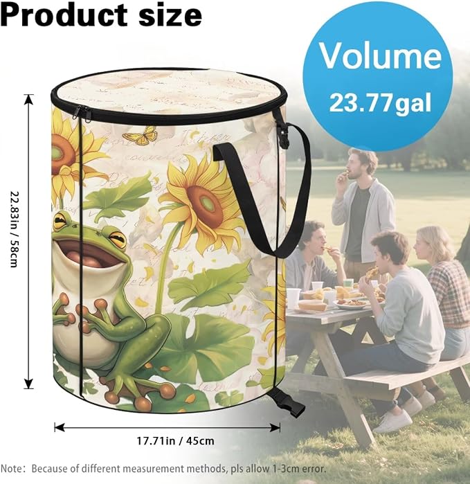 Sunflower Frog 24 Gallon Collapsible Garbage Can for Camping Car Waterproof Outdoor Trash Bin with Lid Foldable Portable Pop-Up Yard Waste Leaf Bag for Campsites Garden