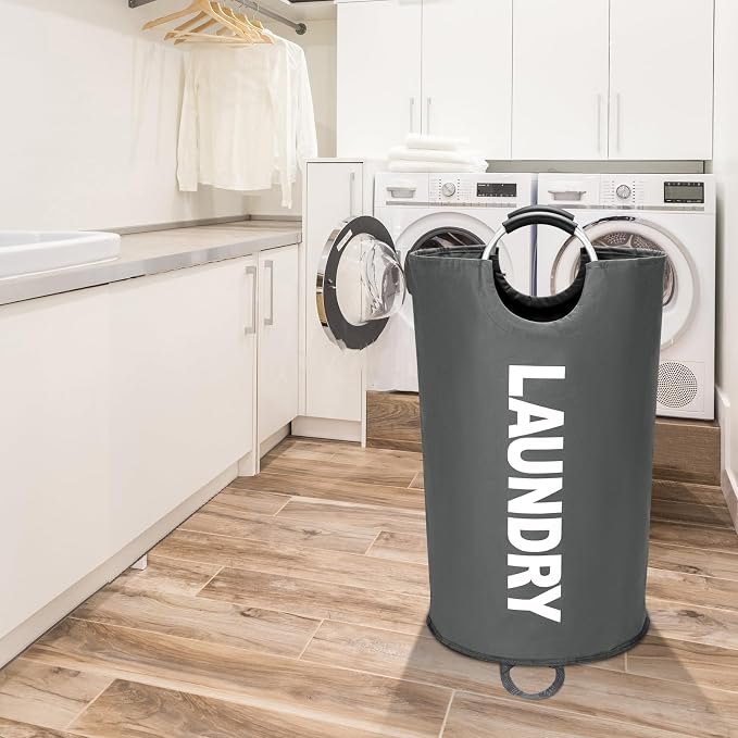 Maxsilan 90L Large Laundry Basket Bag, Collapsible Tall Hamper, Dark Grey | Freestanding tall laundry bag & foldable washing basket. Large capacity clothes storage bin with durable sturdy handles