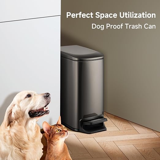 TIPGO Small Bathroom Trash Can with Lid, 1.6 Gal, Soft Close, Black Gold | Foot Pedal, Soft Quiet Lid, 5.9'' Slim for Narrow Space, Stainless Steel, Anti-fingerprint, Removable Inner Bucket, Odor Seal