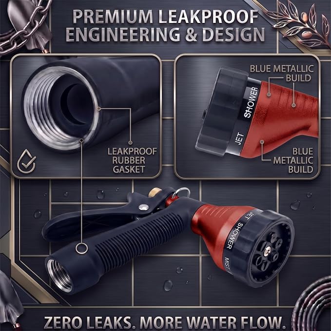 Water Hose Nozzle 2-Pack, Zinc Alloy Garden Spray Nozzle with Adjustable Spray Patterns, Leakproof Rustproof Trigger Lock for Outdoor Cleaning & Car Wash, Red & Red