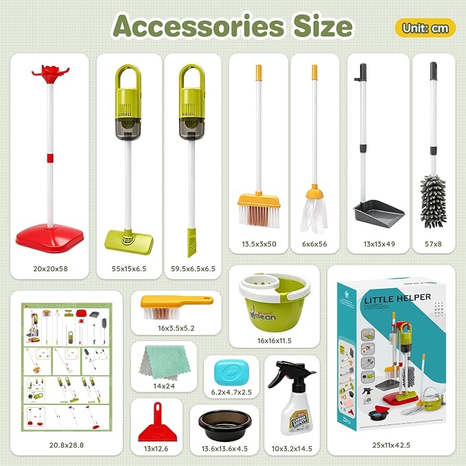 Dreamon Toddler Cleaning Set - 14Pcs Kids Cleaning Toy Set with Kids Vacuum | Red Pretend Home Cleaning Play Set for Toddler Age 3-7, Toddler Vacuum Toy that Works, Christmas Birthday Gift for Girls Boys