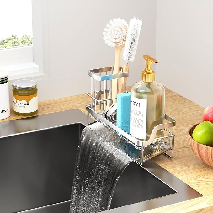 Consumest Sponge Holder for Kitchen Sink - Sink Caddy with Stainless Steel Self Drain Tray, Sink Organizer with High Brush Holder Countertop for Kitchen Sink Accessories, Silver-Extra Large