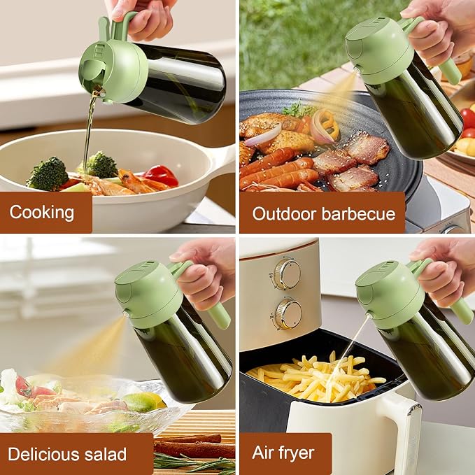 YARRAMATE 16oz/470ml Light Blocking Oil Sprayer for Cooking with Stickers, Food-Grade 2 in 1 Olive Oil Dispenser Bottle for Kitchen, Premium Dark Green Glass Oil Bottle for Air Fryer, BBQ (Green)