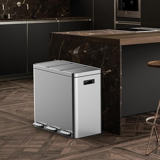 TrailBlaze Trash Can with Lids, 60L/16 Gal 3 Compartments Pedal Stainless Steel Kitchen Recyclingtrash Bin with Odor Seal, Removable Buckets, for Office Home Kitchen Garbage Can Trash Bin