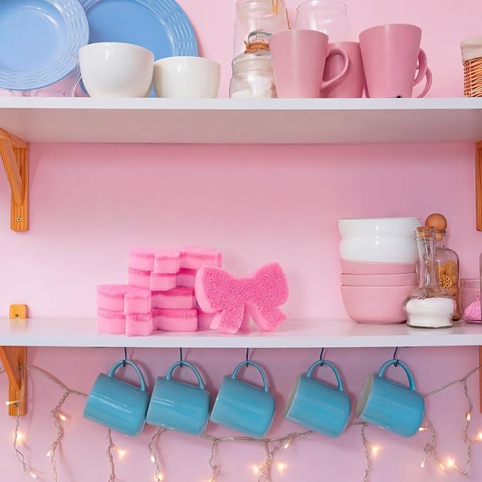 Tioncy 12 Pack Pink Bow Sponges Dual Sided Non Scratch | Reusable for Dishwashing Cookware Pot Pan, Preppy Cute Kitchen Cleaning Accessories, Non Scratch Bulk Household Supplies