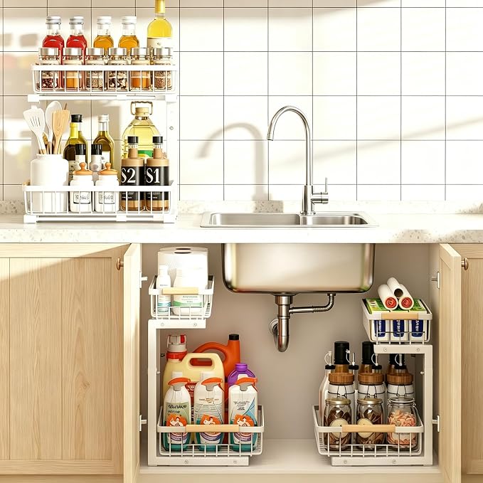 REALINN Under Sink Organizer, White 2 Pack Height Adjustable | 2 Tier Pull Out Drawer, Under Sink Organizers and Storage, Cabinet Storage for Kitchen Bathroom