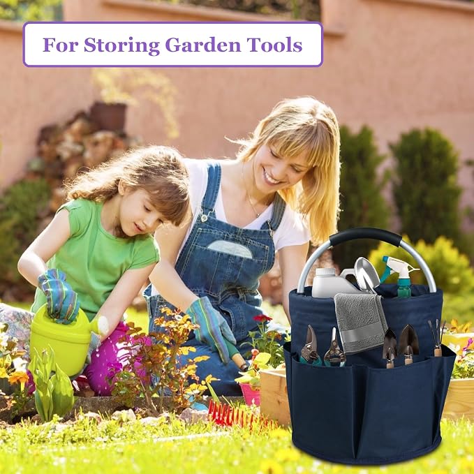 17L Cleaning Caddy for Cleaning Supplies, 2Pieces Portable Garden Tool Bag with 6 Pockets, Foldable Tool Bucket Organizer, Storage Basket for Bathroom, Garden, Dark Gray + Navy Blue
