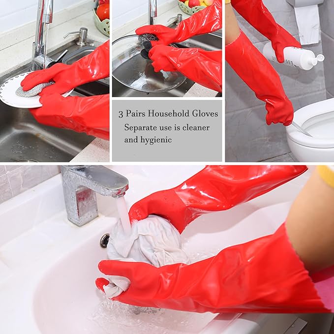 KAQ PVC Rubber Gloves with Cotton Lined: Anti-Slip Dishwashing Gloves 3 Pairs for Kitchen Washing Dishes - Heavy Duty Household for Working Painting Pet Care Handling Chemicals